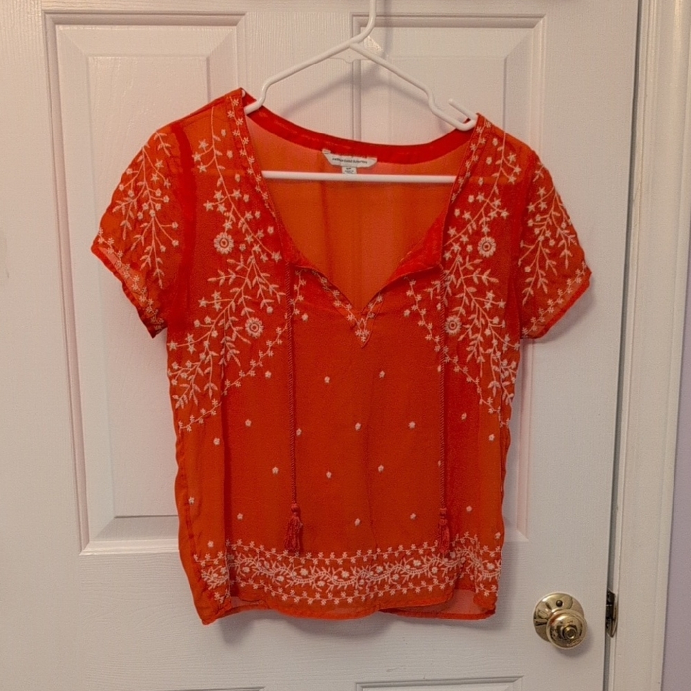 American Eagle Outfitters Pink Blouse with White Embroidery